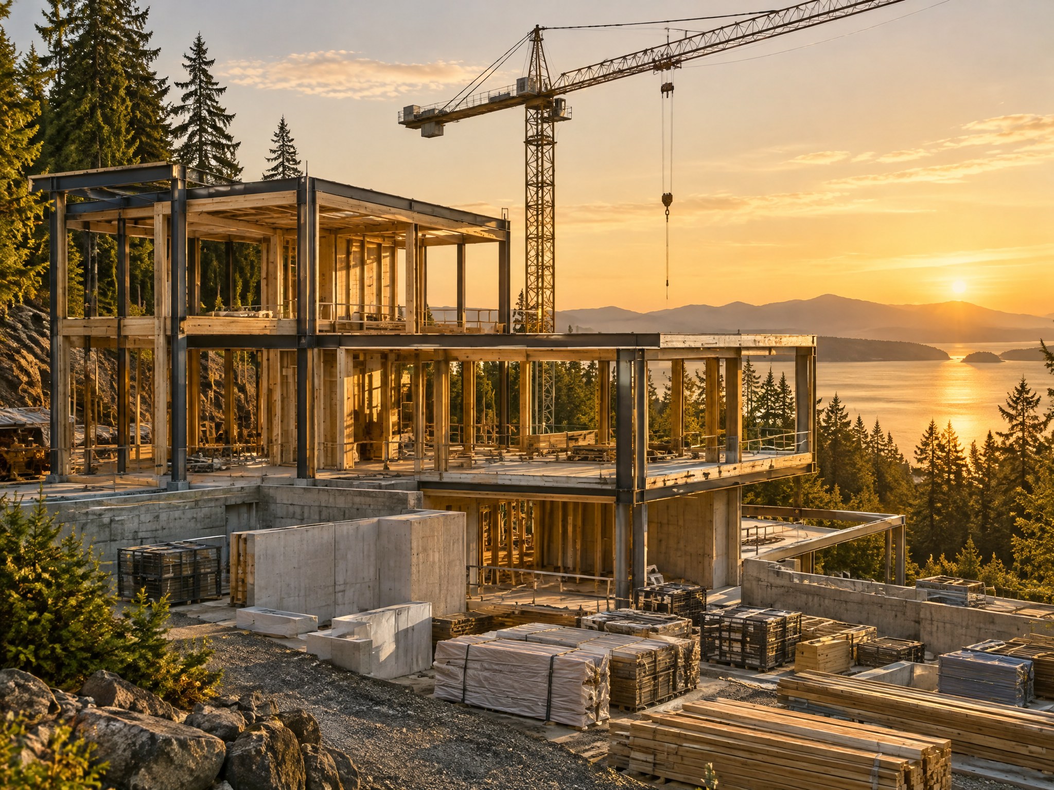 Timber and steel frame of a new modern home under construction at sunset with a crane