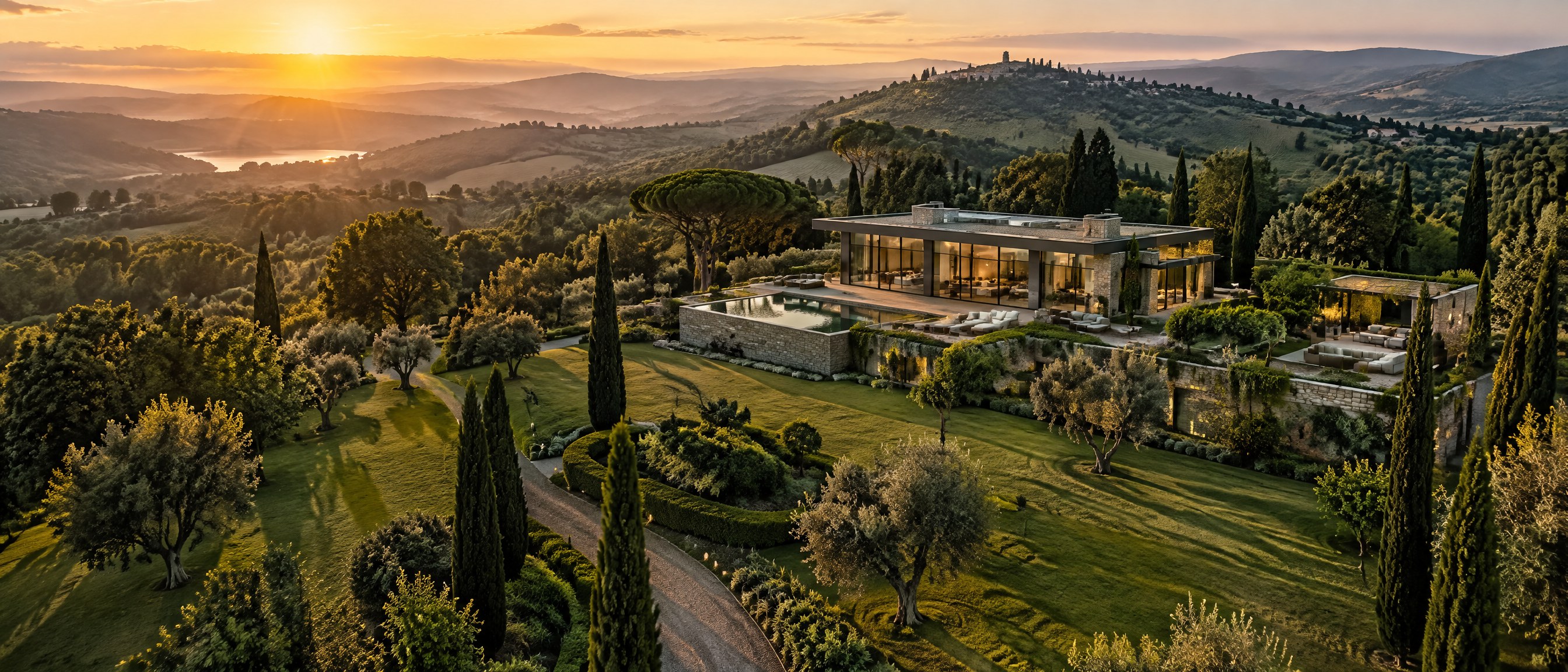 Aerial view of lush green estate grounds with a modern villa at golden hour