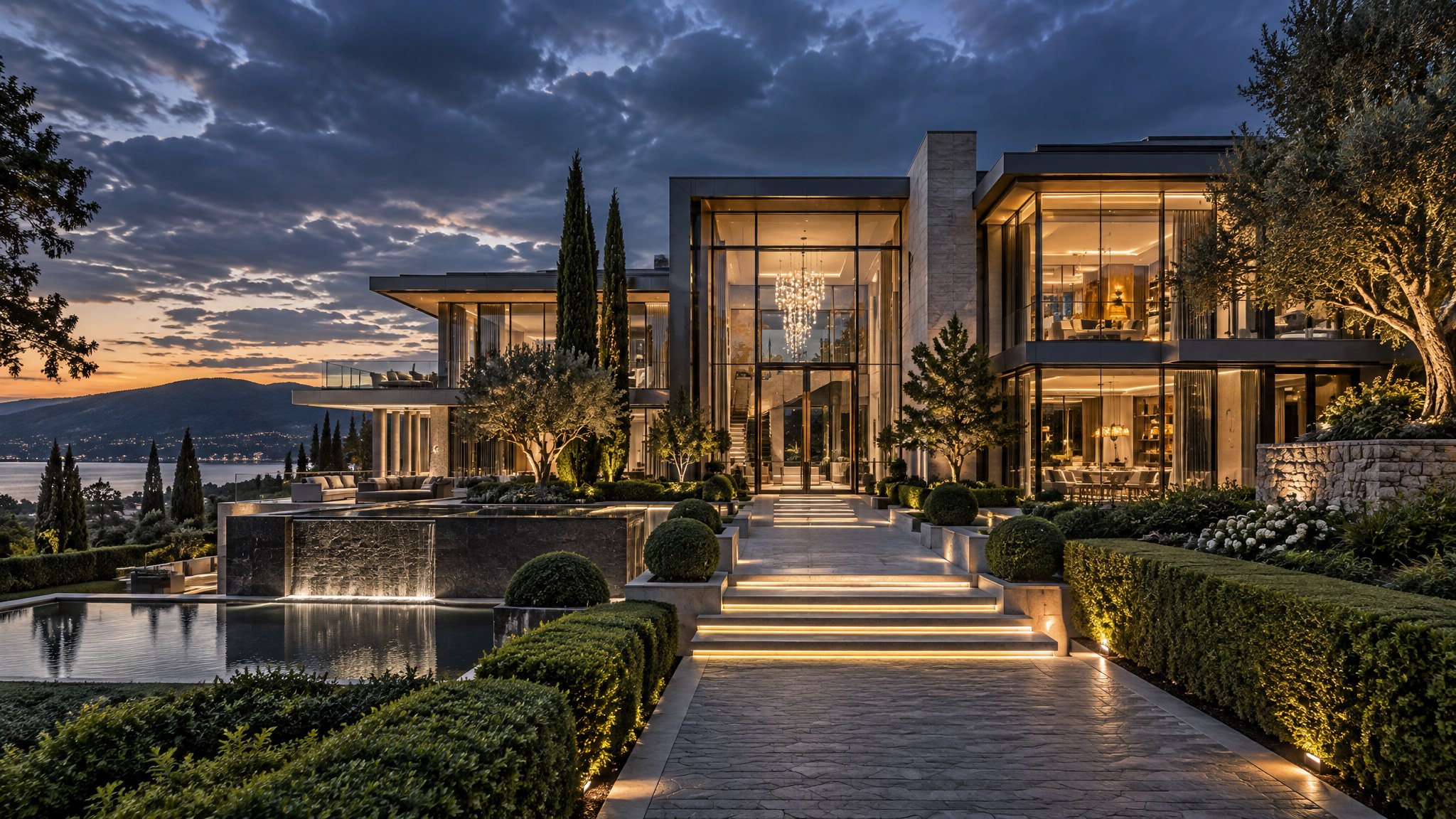 Modern luxury glass and stone estate at dusk surrounded by manicured green gardens