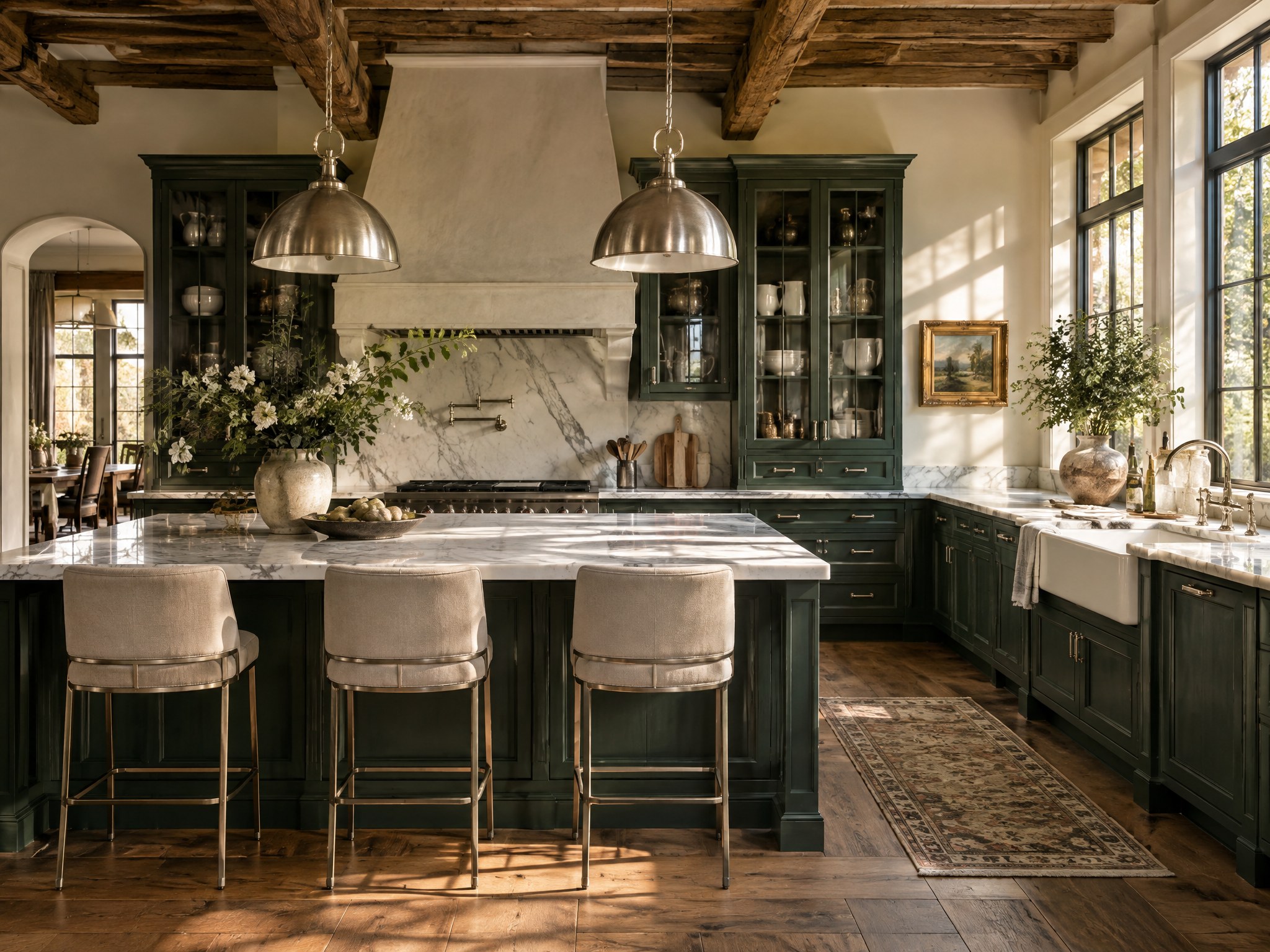 Renovated historic kitchen with exposed beams, deep green cabinetry and silver hardware